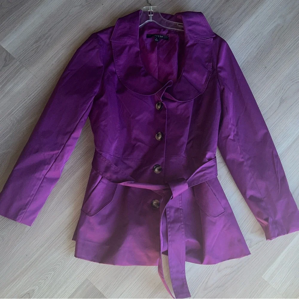 Sandro Studio Women's Belted Short Trench Coat Jacket LG Peter Pan Collar Purple - Picture 10 of 14